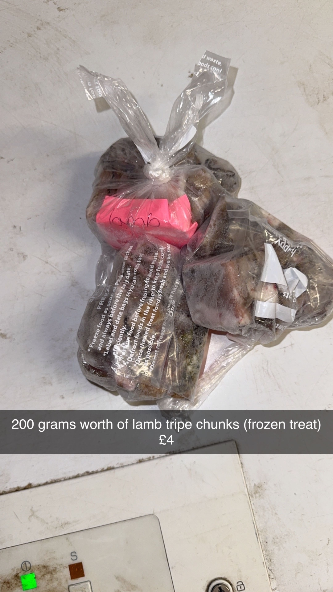 Bags of frozen lamb tripe chunks from the Kenzos Raw freezer in Leicester